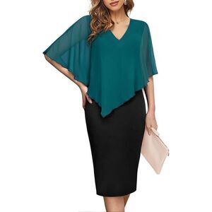 V Neck Capelet Sleeve Chiffon teal XL dress Bodycon Knee Length Pencil Dress